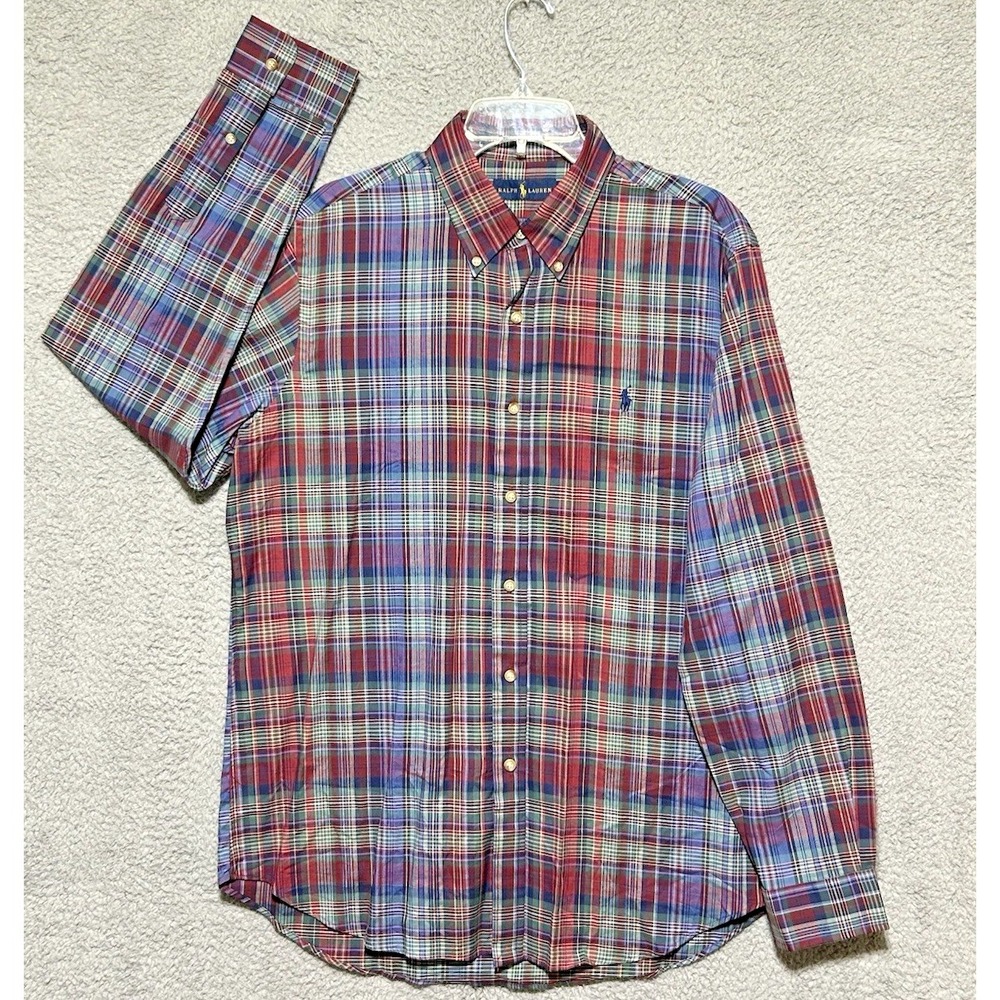 Ralph Lauren Button Down Shirt Mens Large Madras Plaid Long Sleeve Cotton Preppy